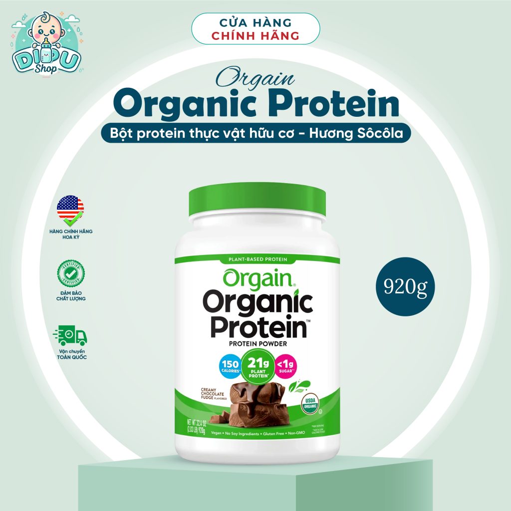 Bột Orgain Organic Protein vị sô cô la 920 gr (<1 gr đường)