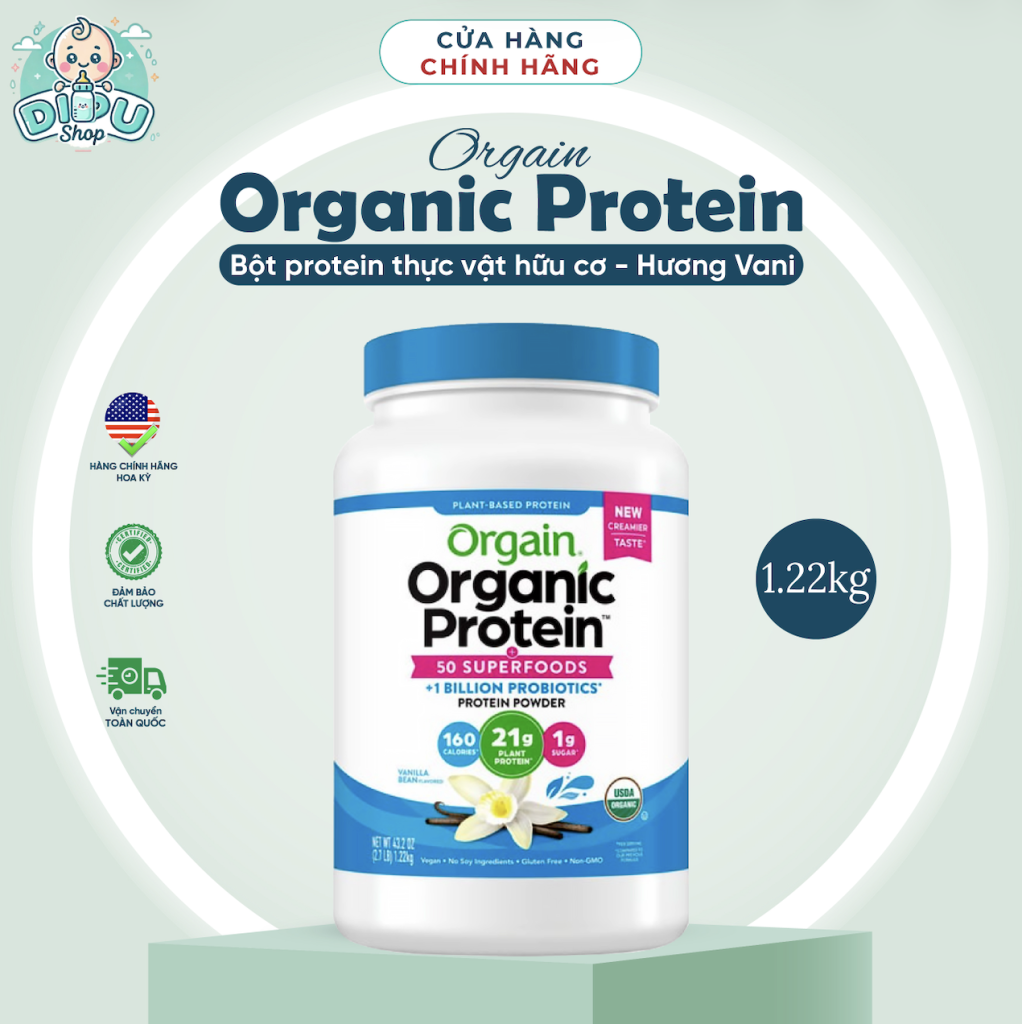 Bột Orgain Organic Protein vị Vani 1.22 kg (1 gr đường)