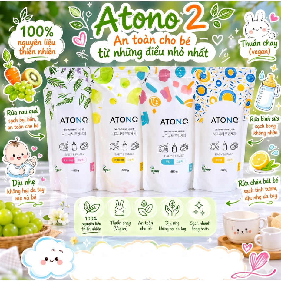 TÚI Nước Rửa Bình Sữa, Chén Bát Và Rau Củ Quả Thuần Chay Atono2 480g